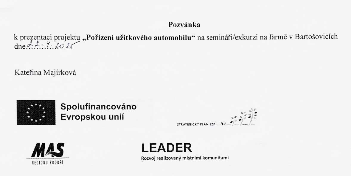 Pozvánka na prezentaci projektu Pořízení užitkového automobilu
